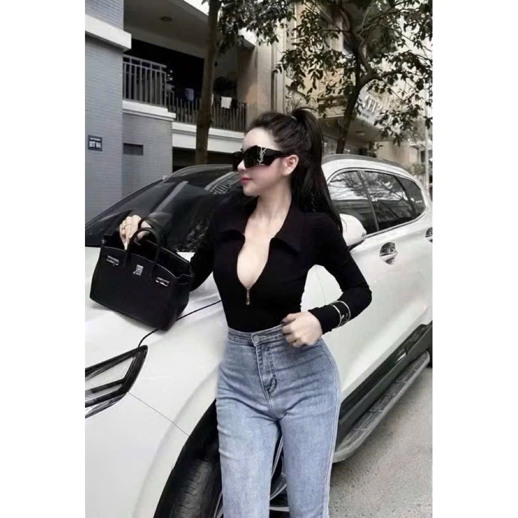 Áo bodysuit cổ bẻ khoá ngực xinh sang kèm tag X