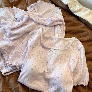 Bộ Đồ Mặc Nhà Nữ JOIE TRENDY Thun Cộc Tay Viền Bèo Lượn Sóng Tím Khoai Môn Cổ Vuông Đính Nơ Xinh Xắn