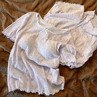 Bộ Đồ Mặc Nhà Nữ JOIE TRENDY Thun Cộc Tay Viền Bèo Lượn Sóng Tím Khoai Môn Cổ Vuông Đính Nơ Xinh Xắn