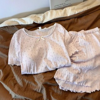 Bộ Đồ Mặc Nhà Nữ JOIE TRENDY Thun Cộc Tay Viền Bèo Lượn Sóng Tím Khoai Môn Cổ Vuông Đính Nơ Xinh Xắn