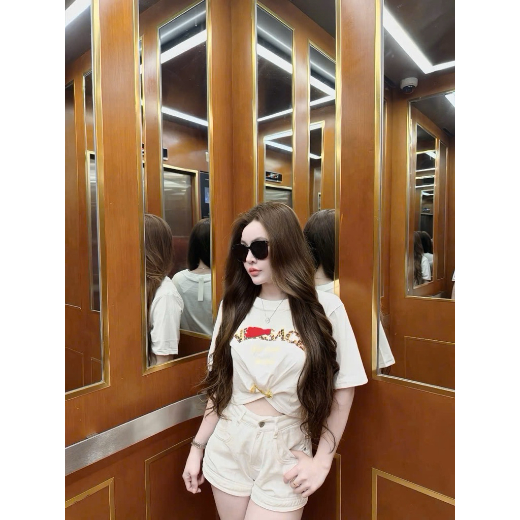 Áo cộc tay dáng croptop phối chữ kèm tang mix đồ cực chất