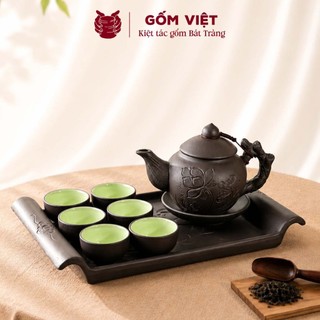 Bộ ấm chén tử sa đất nung dáng gốc cây đắp nổi, khắc chìm màu đỏ, đen dung tích 400ml - Gốm sứ Bát Tràng - Gốm Việt