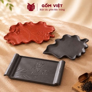 Khay trà, nước tử sa đất nung màu đen, đỏ kiểu lá sen, nho, thủng - Gốm sứ Bát Tràng - Gốm Việt