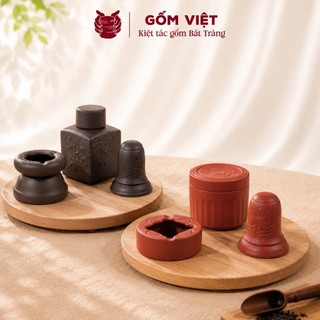 Bộ phụ kiện tử sa đất nung 3 món hoạ tiết khắc chìm màu đen, đỏ - Gốm sứ Bát Tràng - Gốm Việt