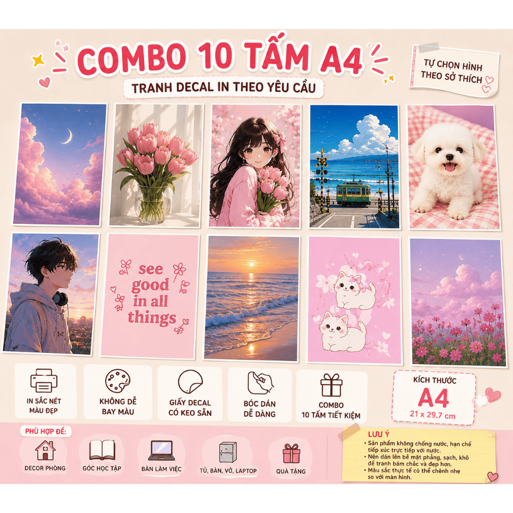 TRANH DECAL A4/A5 IN THEO YÊU CẦU – COMBO 10 TẤM BY ANIMEX