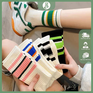 Tất Thể Thao Cổ Cao Kẻ Sọc Ngang Nam Nữ - Vớ Dệt Gân Năng Động Dễ Phối Đồ - SoftStep