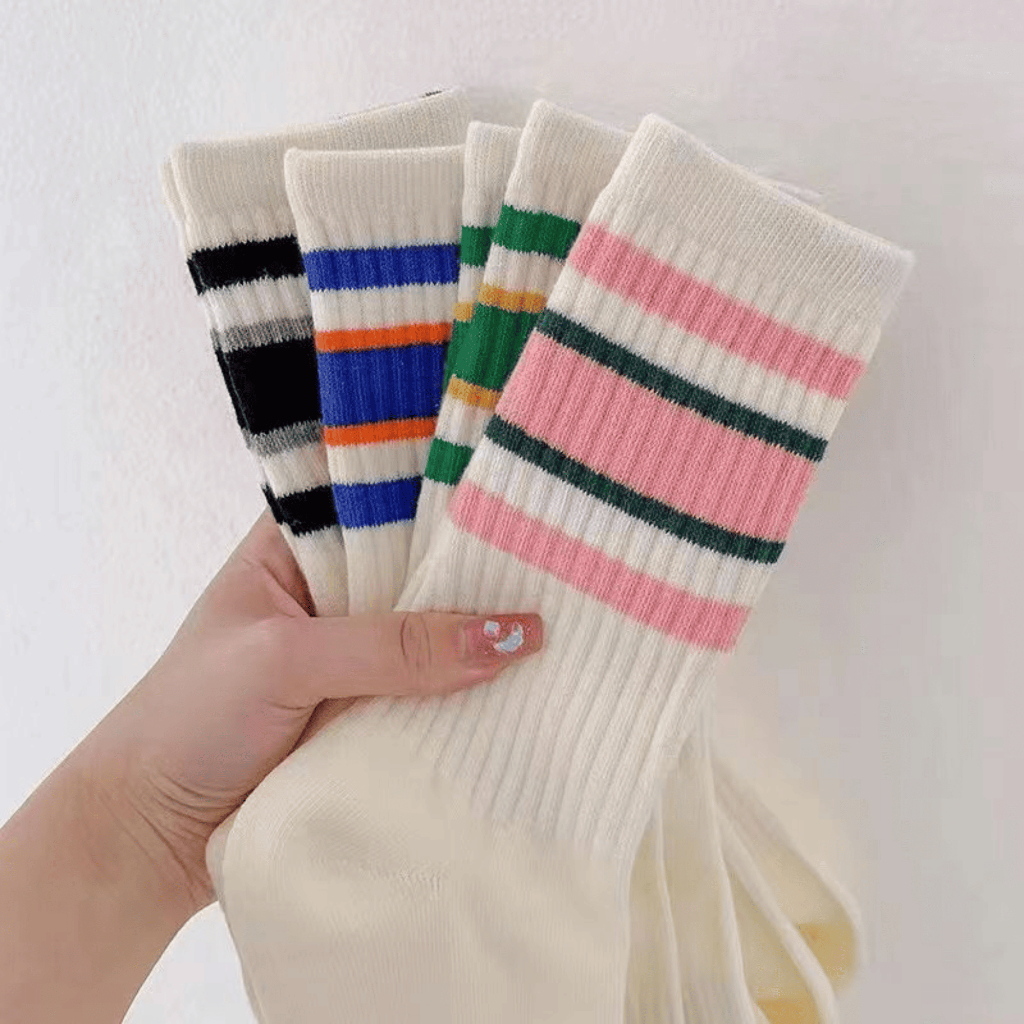 Tất Thể Thao Cổ Cao Kẻ Sọc Ngang  Nam Nữ - Vớ Dệt Gân Năng Động Dễ Phối Đồ - SoftStep