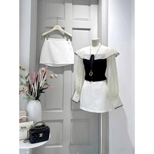 SET ÁO CỔ BẺ, TAY DÀI CHẤM BI PHỐI CHÂN VÁY | MEOINDAHOUSE
