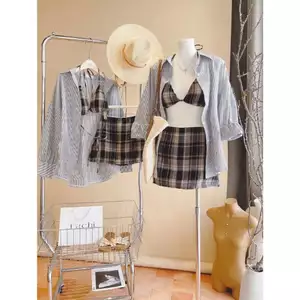 SET 3 MÓN ÁO SƠ MI SỌC ĐEN PHỐI BRA VÀ CHÂN VÁY CARO NÂU, SET ĐỒ NỮ CÁ TÍNH | MEOINDAHOUSE
