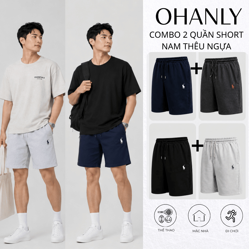 Combo 2 Quần Short Nam Biểu Tượng Ngựa OHANLY Form Suông Cotton PC Co Giãn Có Túi Mặc Nhà Đi Chơi Tập Gym