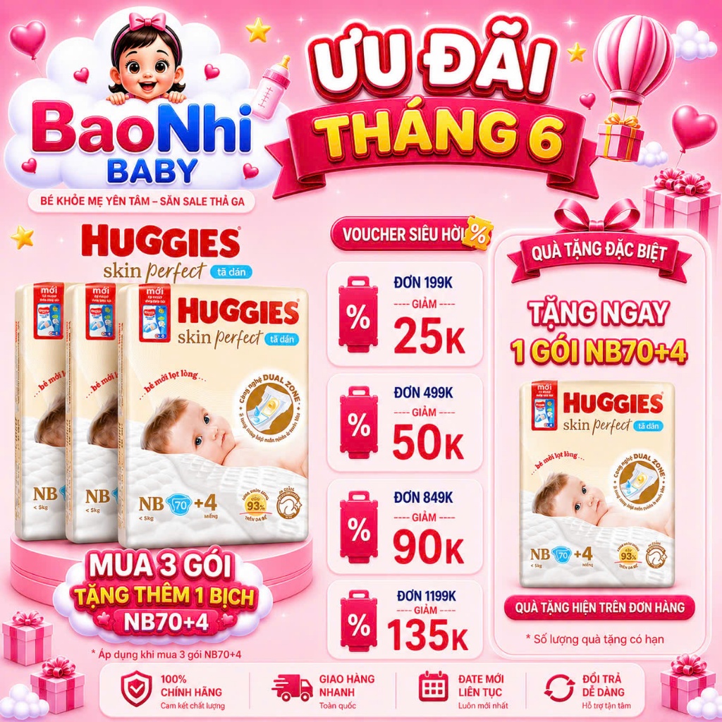 [ MUA 3 TẶNG 1 ] COMBO 3 Gói Tã/Bỉm Dán Huggies SkinPerfect NB70+4, với 2 vùng thấm hút