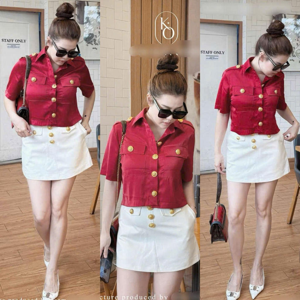 Áo sơ mi croptop đính nút cao cấp và quần short nút