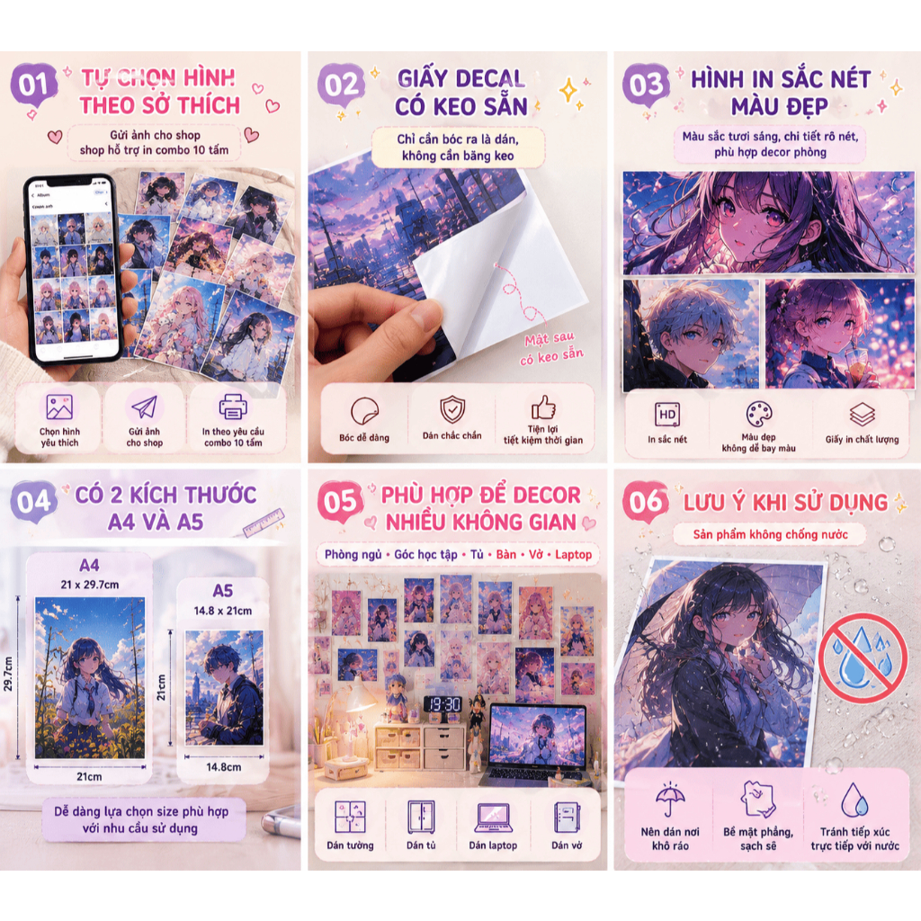 🎨 TRANH DECAL A4/A5 IN THEO YÊU CẦU – COMBO 10 TẤM BY ANIMEX 🎨