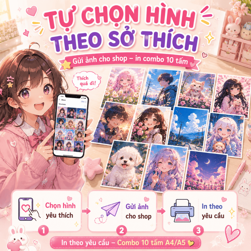 🎨 TRANH DECAL A4/A5 IN THEO YÊU CẦU – COMBO 10 TẤM BY ANIMEX 🎨