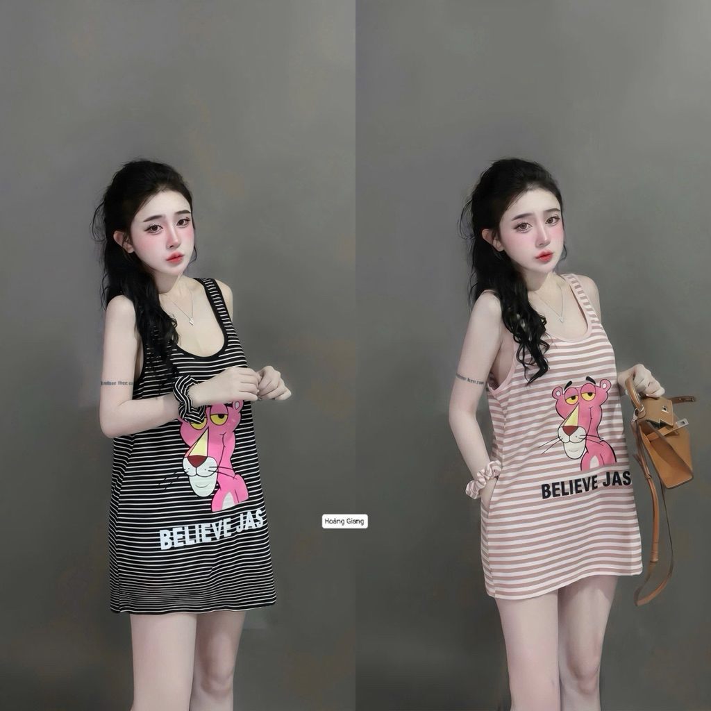 Váy ba lỗ kẻ xuông in hình báo hồng kute
