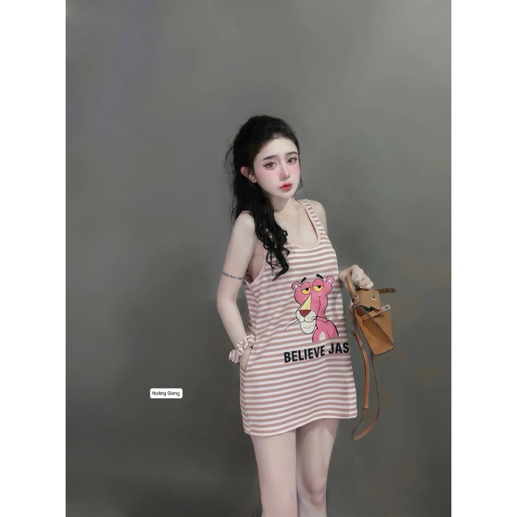 Váy ba lỗ kẻ xuông in hình báo hồng kute