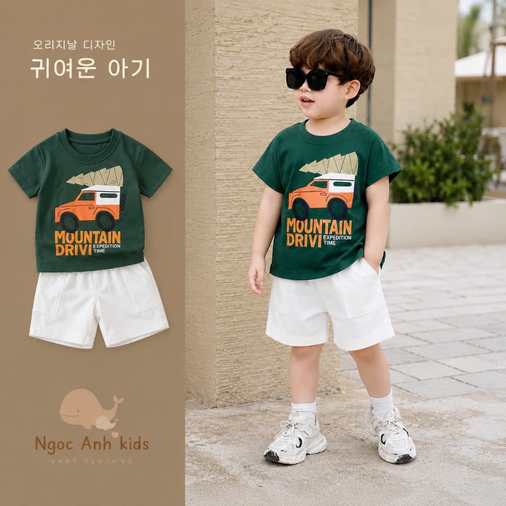 Bộ cotton hoạ tiết ô tô màu xanh lá phối quần kaki túi hộp, bộ thun cổ tròn in hoạ tiết ô tô nhà Thóc