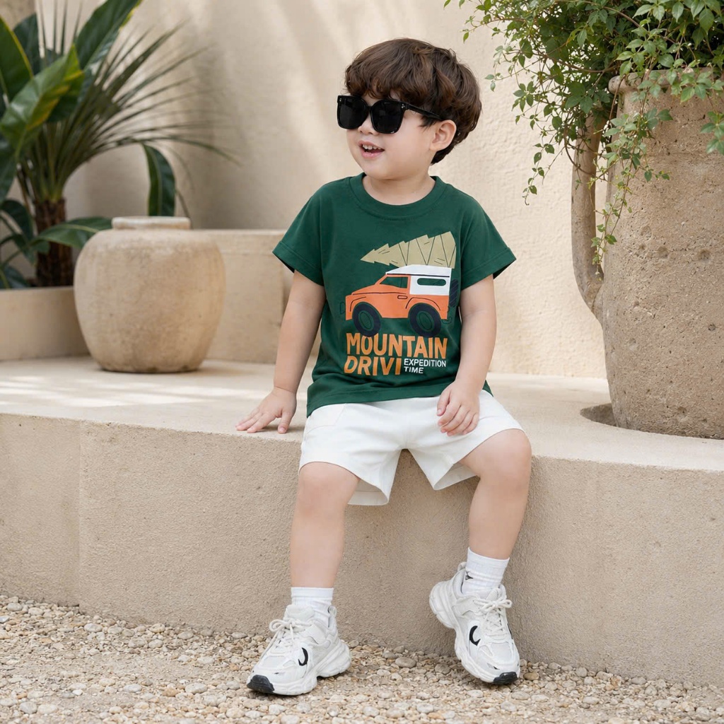 Bộ cotton hoạ tiết ô tô màu xanh lá phối quần kaki túi hộp, bộ thun cổ tròn in hoạ tiết ô tô nhà Thóc