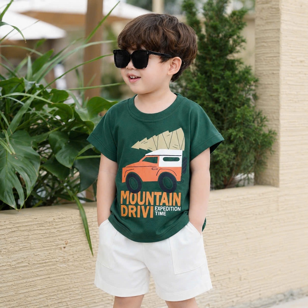 Bộ cotton hoạ tiết ô tô màu xanh lá phối quần kaki túi hộp, bộ thun cổ tròn in hoạ tiết ô tô nhà Thóc