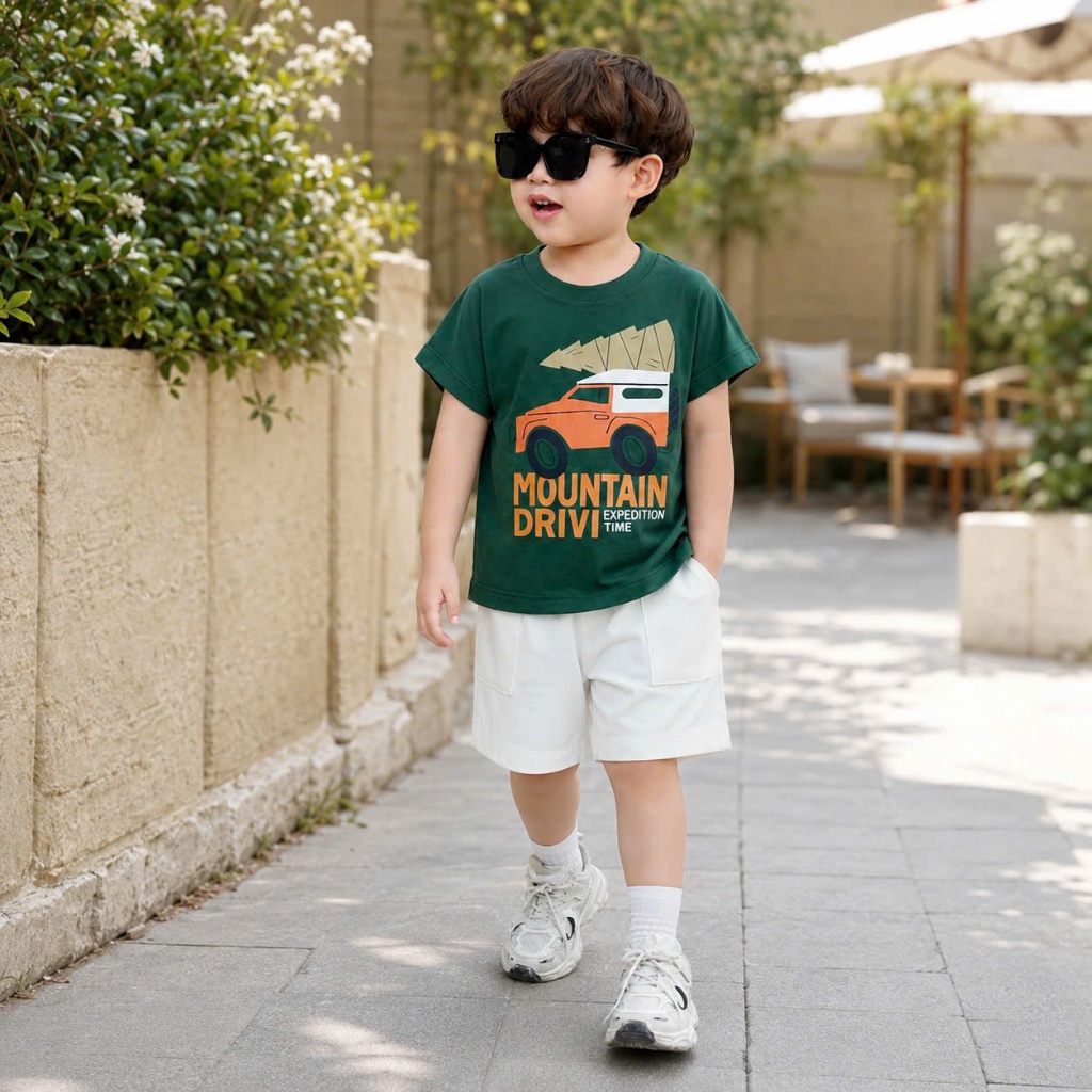 Bộ cotton hoạ tiết ô tô màu xanh lá phối quần kaki túi hộp, bộ thun cổ tròn in hoạ tiết ô tô nhà Thóc