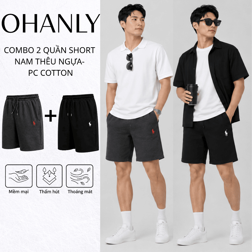 Combo 2 Quần Short Nam Biểu Tượng Ngựa OHANLY Form Suông Cotton PC Co Giãn Có Túi Mặc Nhà Đi Chơi Tập Gym