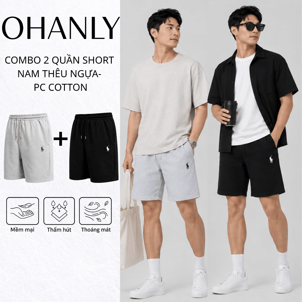 Combo 2 Quần Short Nam Biểu Tượng Ngựa OHANLY Form Suông Cotton PC Co Giãn Có Túi Mặc Nhà Đi Chơi Tập Gym