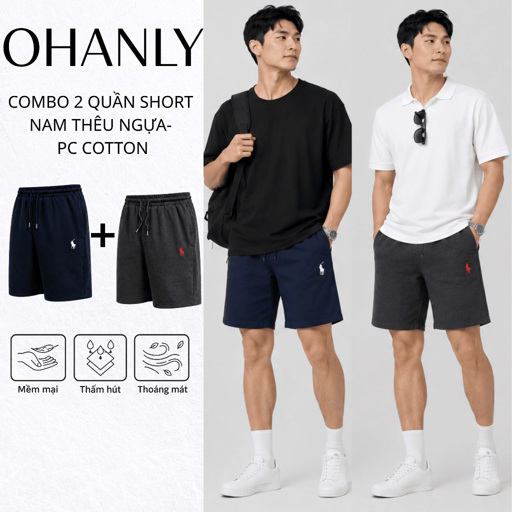Combo 2 Quần Short Nam Biểu Tượng Ngựa OHANLY Form Suông Cotton PC Co Giãn Có Túi Mặc Nhà Đi Chơi Tập Gym