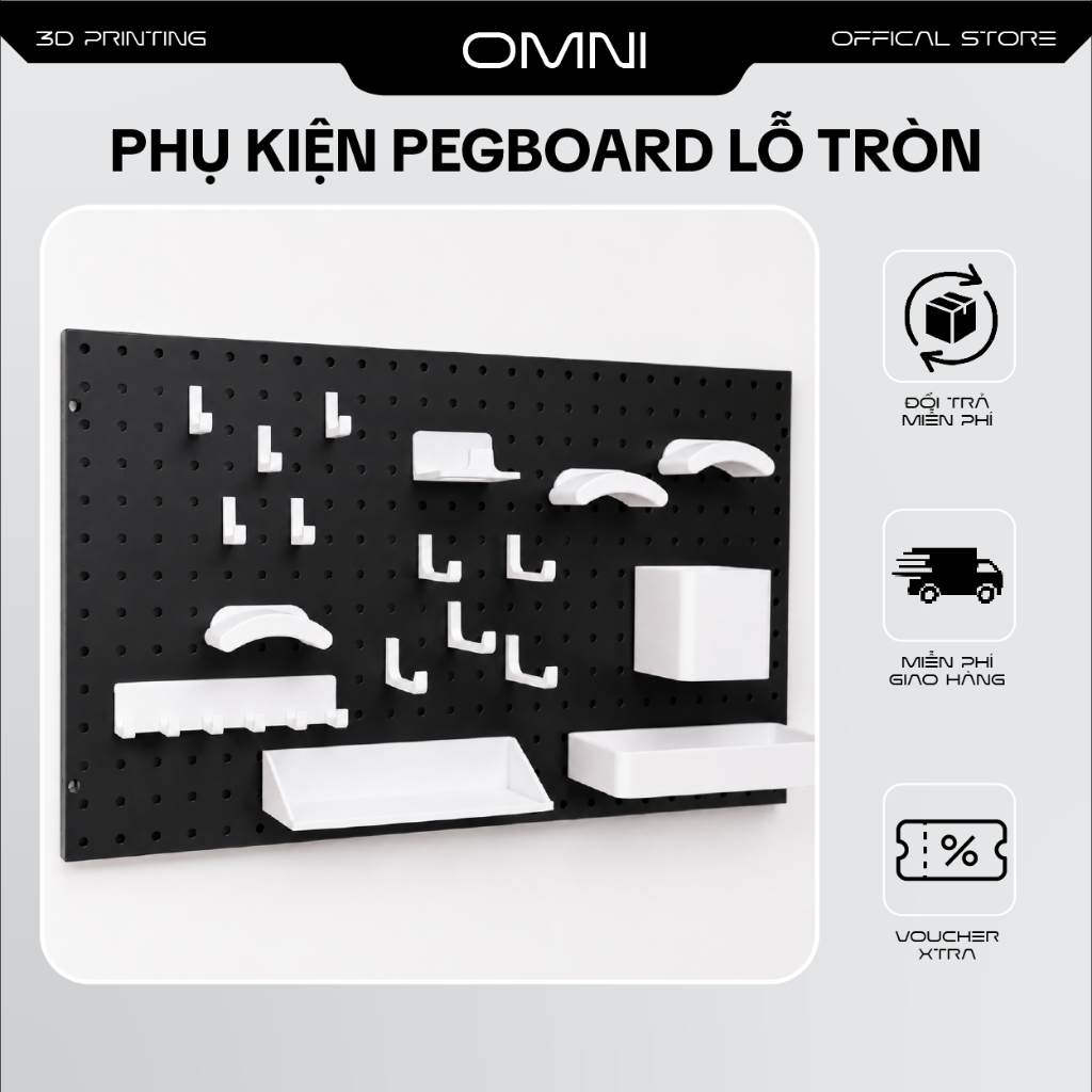Phụ Kiện Pegboard Lỗ Tròn OMNI | Móc Treo, Khay Đựng, Giá Đỡ Tai Nghe, Cho Pegboard Kim Loại
