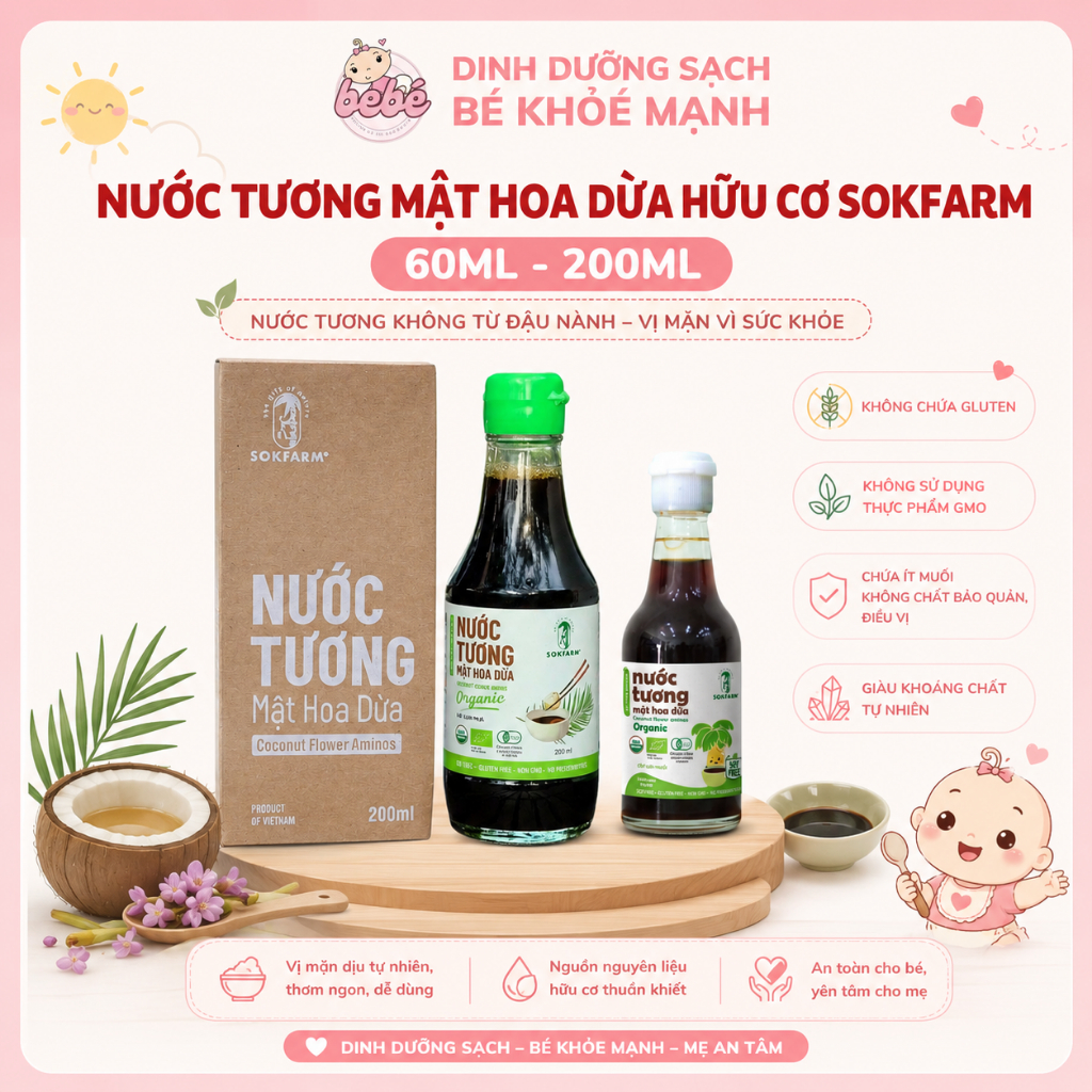 Nước Tương Mật Hoa Dừa Hữu Cơ Sokfarm. Không đậu nành, thuần chay, cắt giảm muối