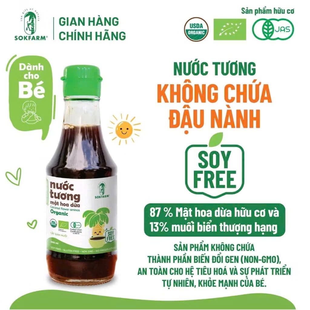 Nước Tương Mật Hoa Dừa Hữu Cơ Sokfarm. Không đậu nành, thuần chay, cắt giảm muối
