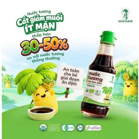 Nước Tương Mật Hoa Dừa Hữu Cơ Sokfarm. Không đậu nành, thuần chay, cắt giảm muối