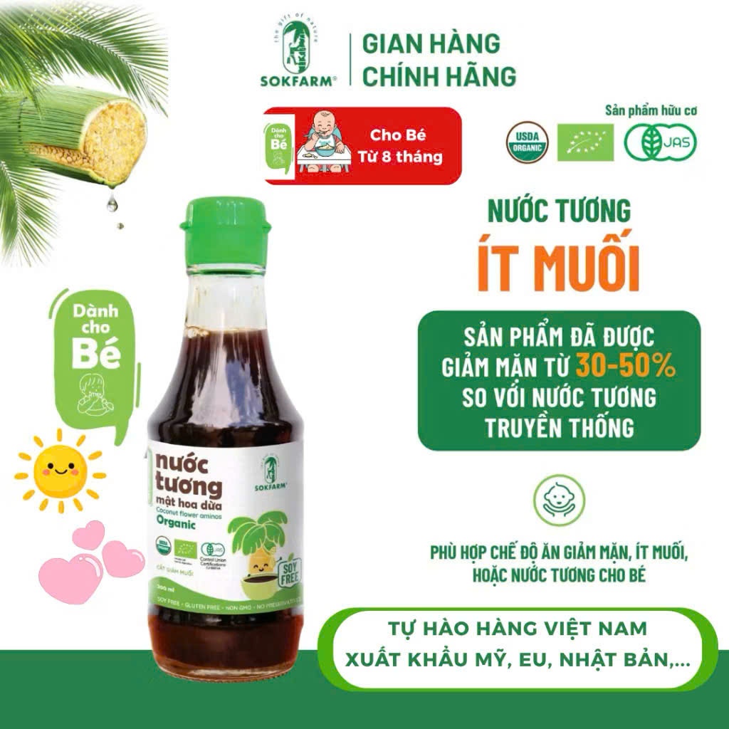 Nước Tương Mật Hoa Dừa Hữu Cơ Sokfarm. Không đậu nành, thuần chay, cắt giảm muối