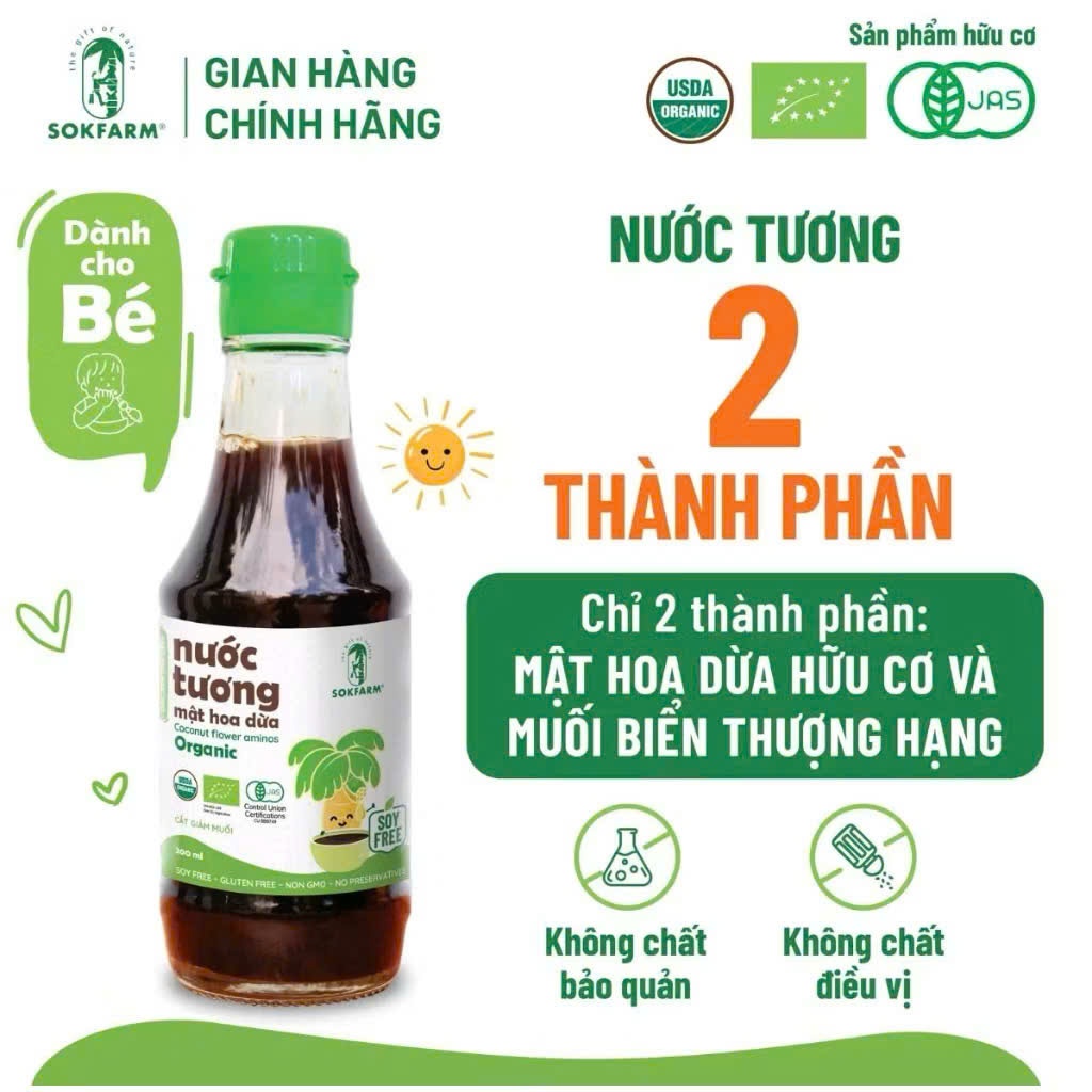 Nước Tương Mật Hoa Dừa Hữu Cơ Sokfarm. Không đậu nành, thuần chay, cắt giảm muối