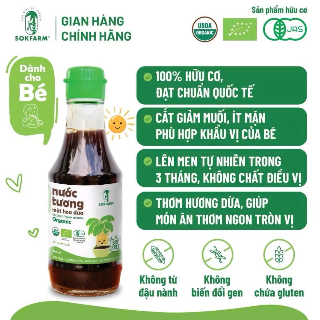 Nước Tương Mật Hoa Dừa Hữu Cơ Sokfarm. Không đậu nành, thuần chay, cắt giảm muối