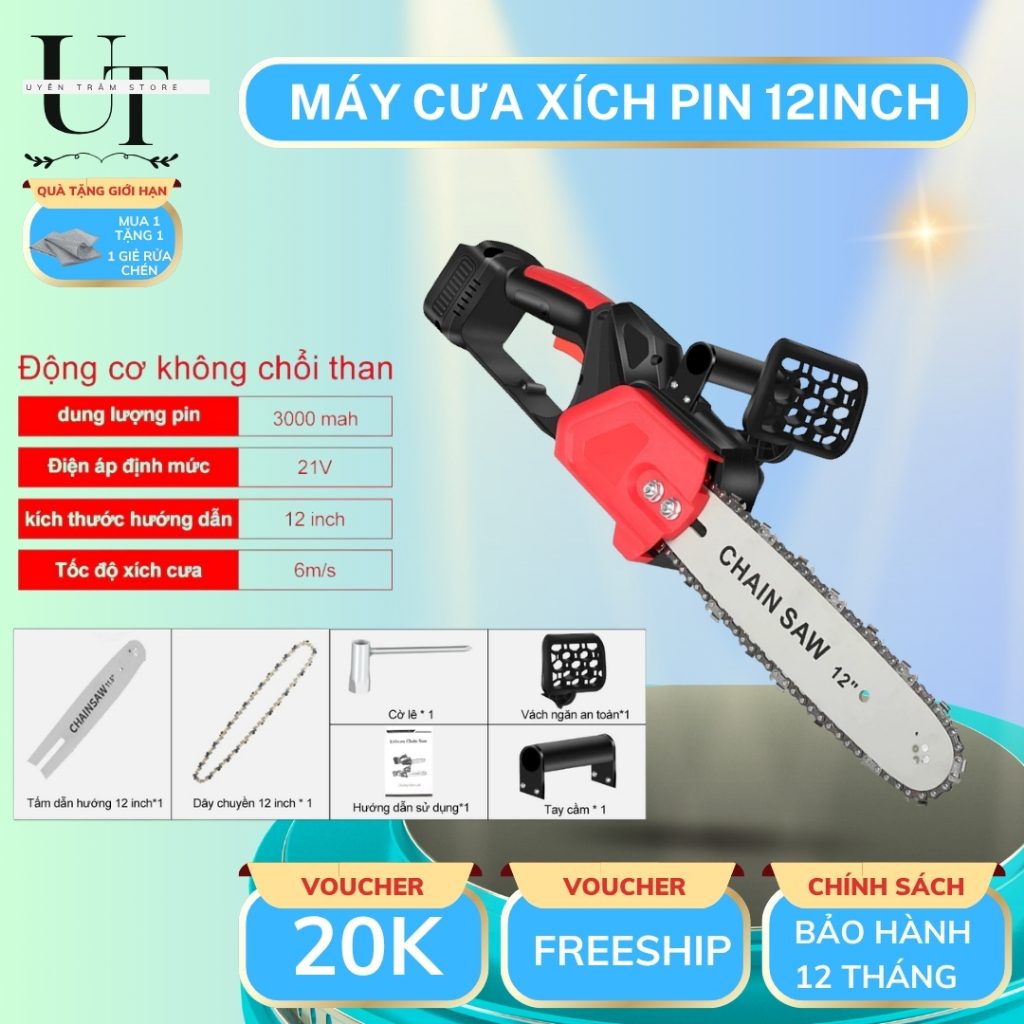 Máy Cưa Xích Dùng Pin 12inch, Động Cơ Không Chổi Than Công Suất 850-1000W, Tiện Dụng, Dễ Dùng
