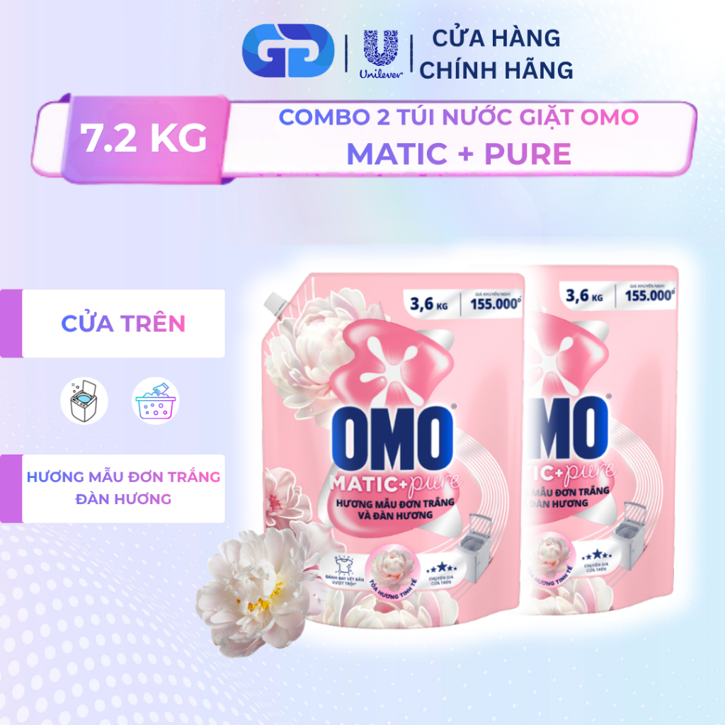 Combo 2 Túi Nước Giặt OMO Matic Cửa Trên 3.6kg Hương Mẫu Đơn Trắng & Đàn Hương – Sạch Sâu Thơm Lâu