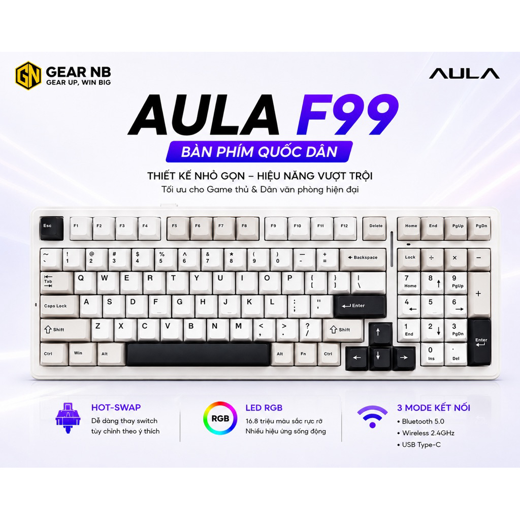 [Hoả tốc] Bàn phím cơ AULA F99 3 Mode Bluetooth 2.4G USB-C | RGB LED | Hot Swap | Layout 99 phím nhỏ gọn | Pin trâu | BigBuy360 - bigbuy360.vn