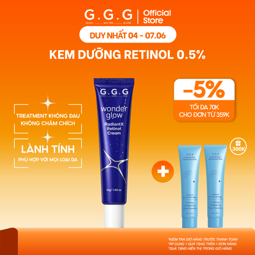 [MỚI RA MẮT] Kem Dưỡng Retinol 0.5% Giúp Mờ Nếp Nhăn, Dưỡng Sáng Da và Ngăn Ngừa Mụn G.G.G Wonder RadiantX Retinol 30gr
