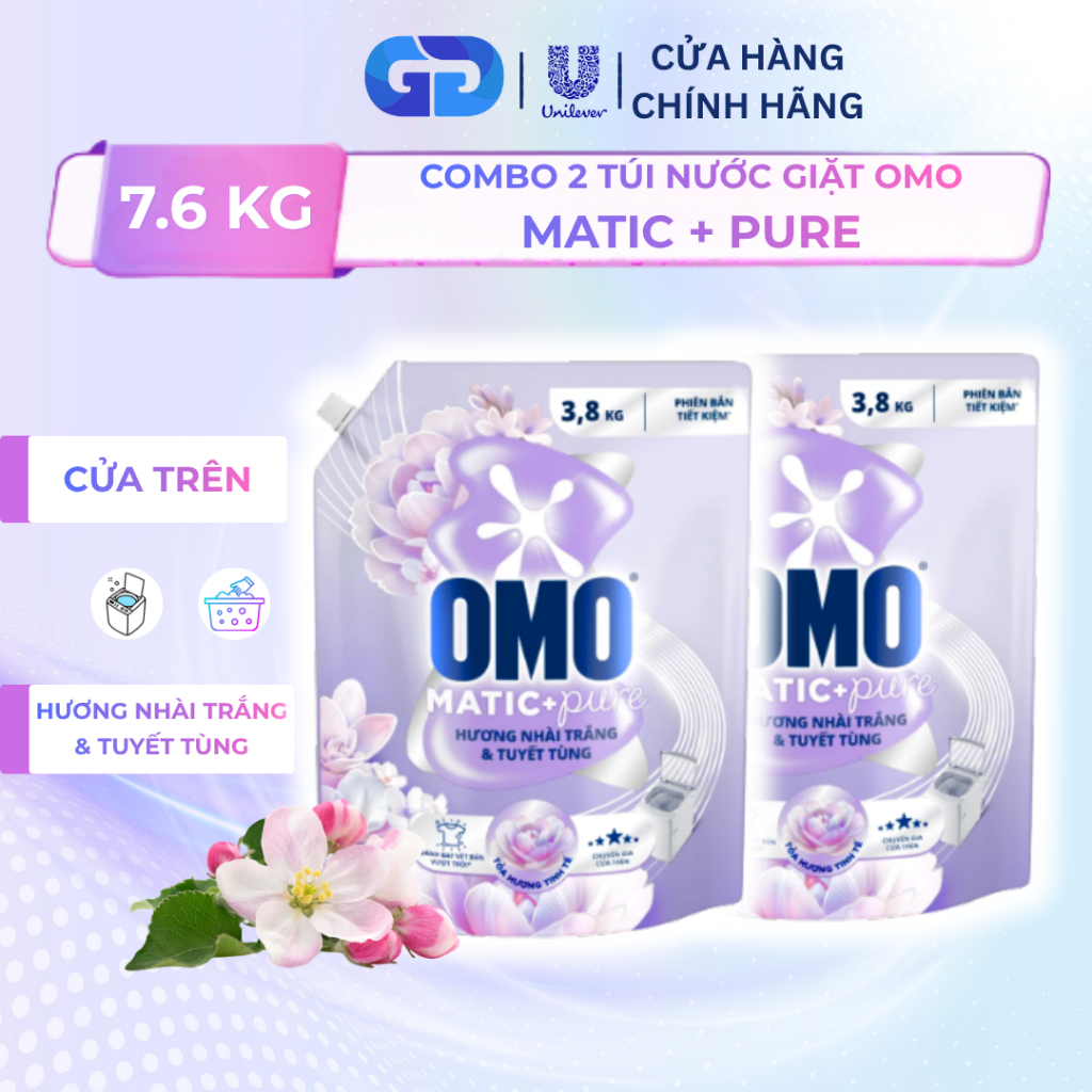 Combo 2 Túi Nước Giặt OMO Matic Cửa Trên 3.8kg Hương Nhài Trắng Tuyết Tùng – Sạch Sâu Thơm Lâu