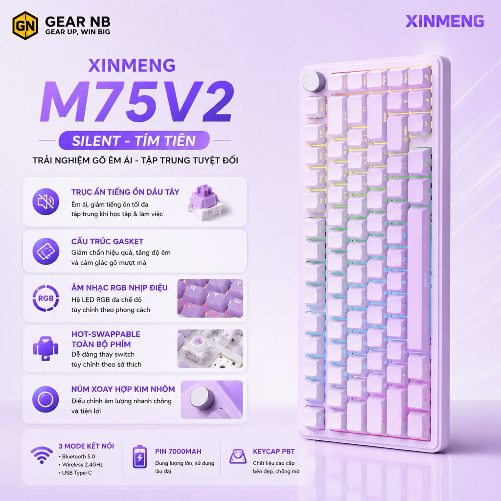 [Hoả tốc] Bàn Phím Cơ Xingmen M75 V2 Silent | Gasket Mount | Hotswap Full Phím | RGB 16 Triệu Màu | 3 Mode | Pin 7000mAh | BigBuy360 - bigbuy360.vn