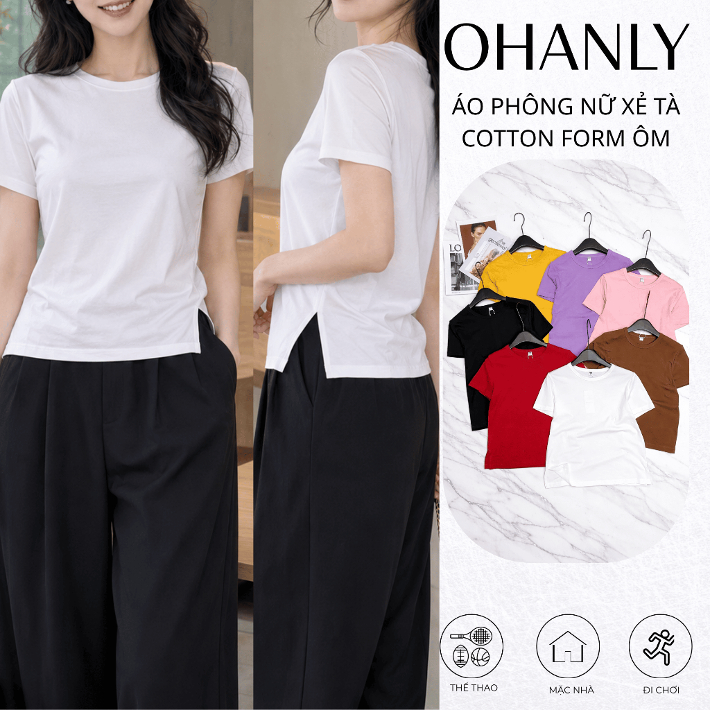 Áo Thun Nữ Cotton Xẻ Tà Form Regular Tay Ngắn Basic Co Giãn Thoáng Mát Dễ Phối Đồ OHANLY