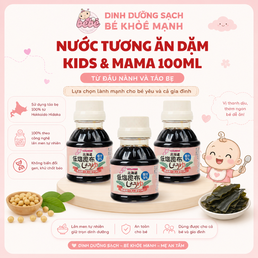 Nước Tương Tảo Bẹ Ăn Dặm Kids & Mama 100ml Nhật Bản. Tách Muối Vị Umami Tự Nhiên