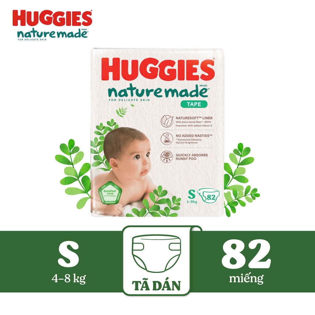 Tã Dán Cao Cấp Huggies Nature Made gói lẻ Size NB 60+3/S82+3/M64+3/L54+3,Thông thoáng cho da, thấm hút,an toàn dịu nhẹ