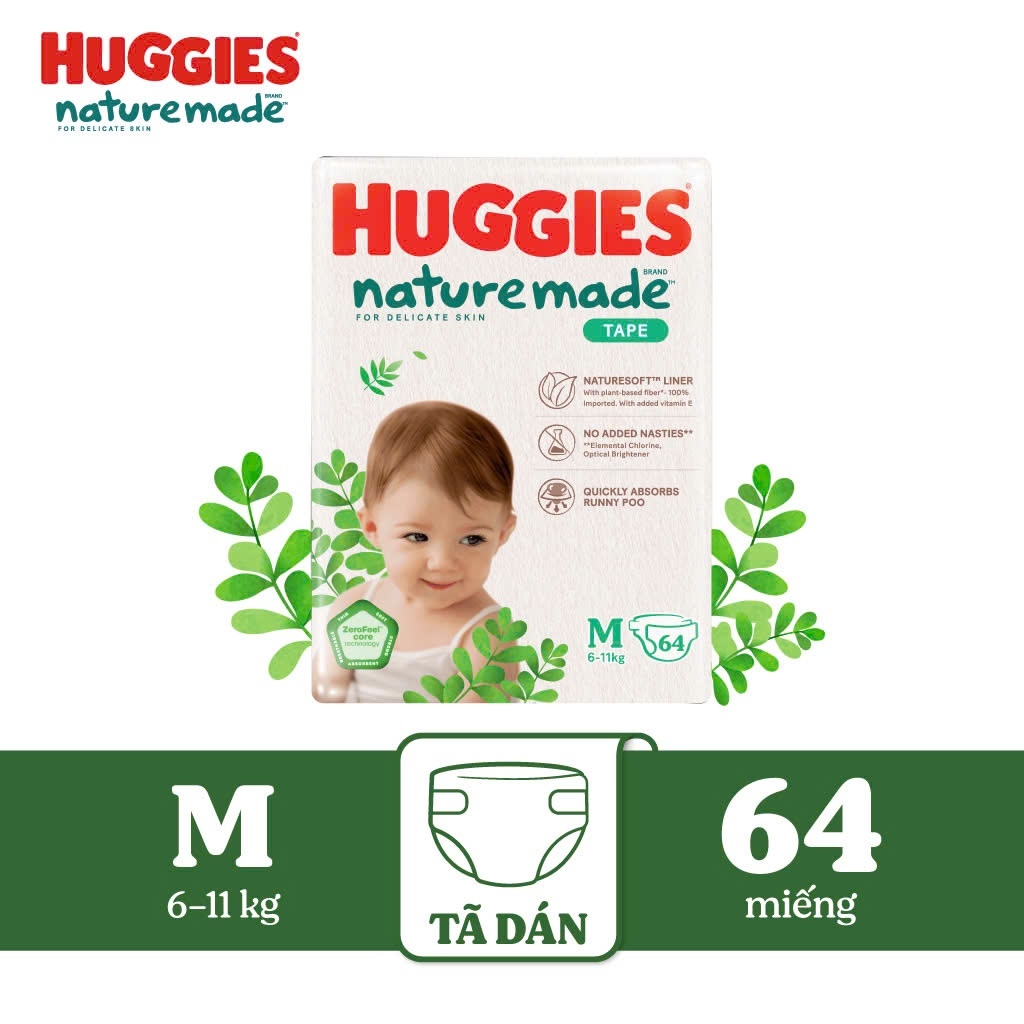 Tã Dán Cao Cấp Huggies Nature Made gói lẻ Size NB 60+3/S82+3/M64+3/L54+3,Thông thoáng cho da, thấm hút,an toàn dịu nhẹ