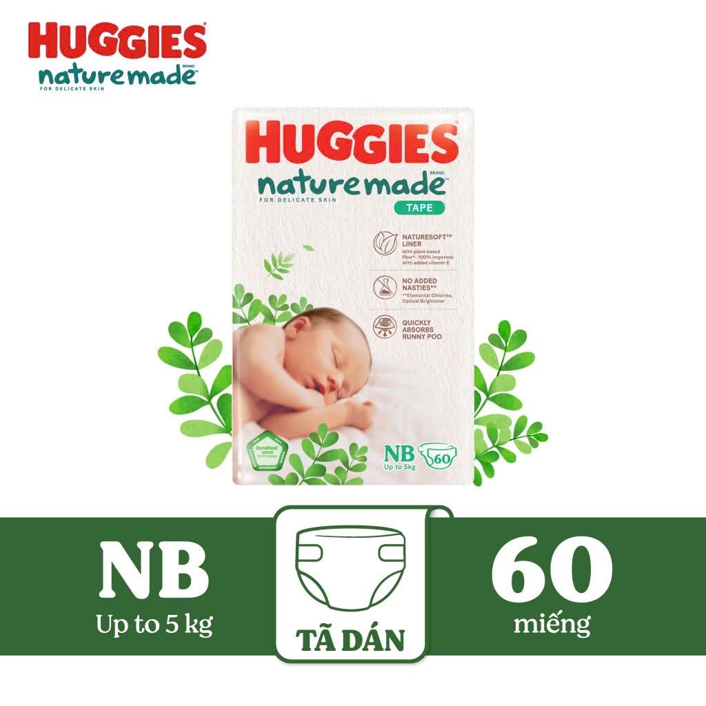 Tã Dán Cao Cấp Huggies Nature Made gói lẻ Size NB 60+3/S82+3/M64+3/L54+3,Thông thoáng cho da, thấm hút,an toàn dịu nhẹ
