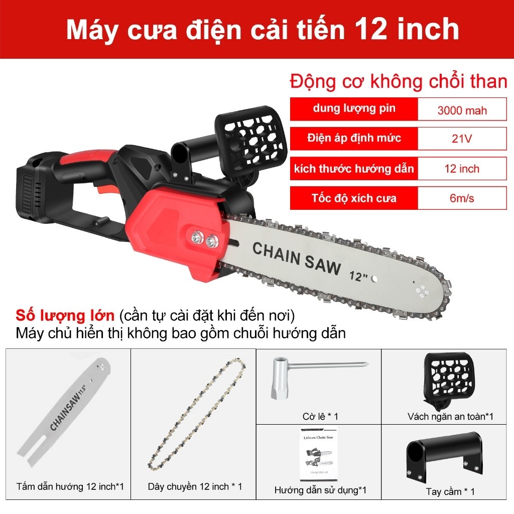 Máy Cưa Xích Dùng Pin 12inch, Động Cơ Không Chổi Than Công Suất 850-1000W, Tiện Dụng, Dễ Dùng