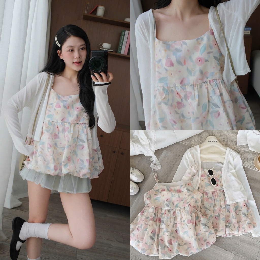 Mila Set (TSW) Set áo hai dây hoa dáng phồng kèm cardigan trắng Nữ the.sweaterweather