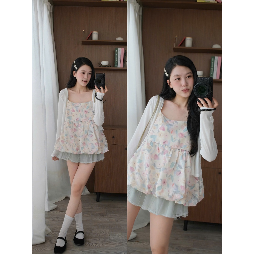 Mila Set (TSW) Set áo hai dây hoa dáng phồng kèm cardigan trắng Nữ the.sweaterweather