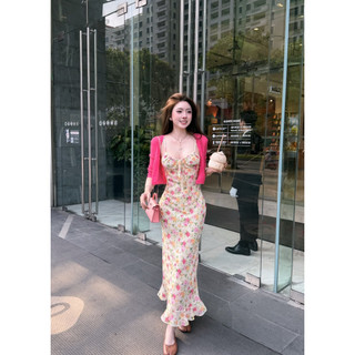 Set Váy Hoa Maxi Chun Ngực Mix Cardigan Chuẩn Đoàn Thương