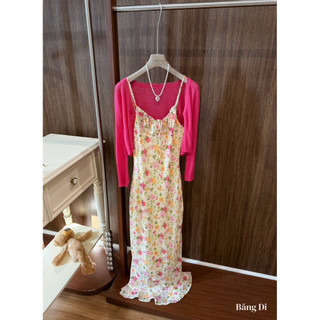 Set Váy Hoa Maxi Chun Ngực Mix Cardigan Chuẩn Đoàn Thương